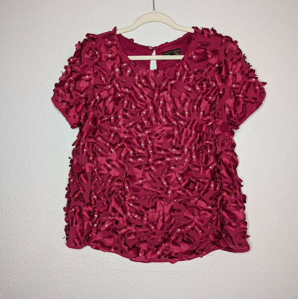 Anthropologie Varun Bahl Red Rosemarie Floral Applique Art To Wear Blouse 12